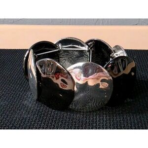 Chunky Metallic Black Silver Disc Stretch Bracelet Statement Bangle Cuff Women